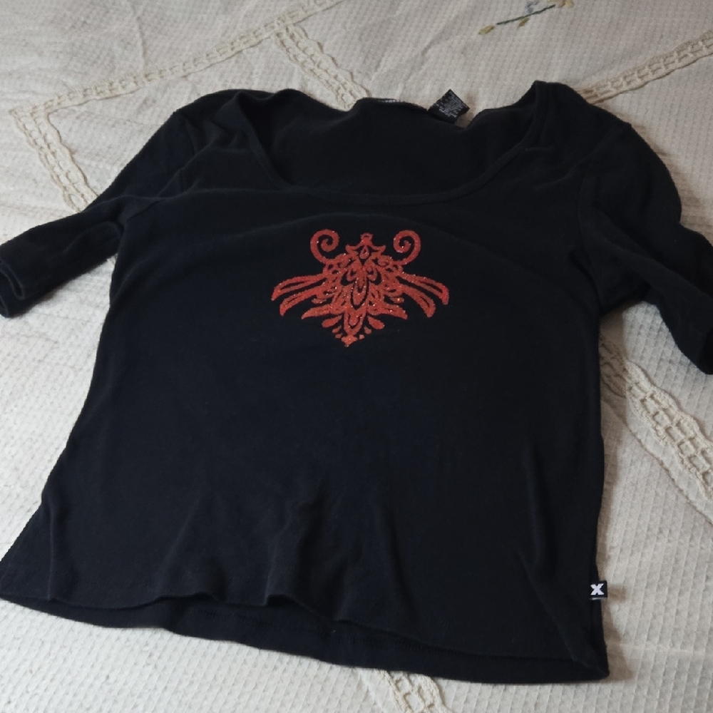 Express Jeans Black Top with Red Design